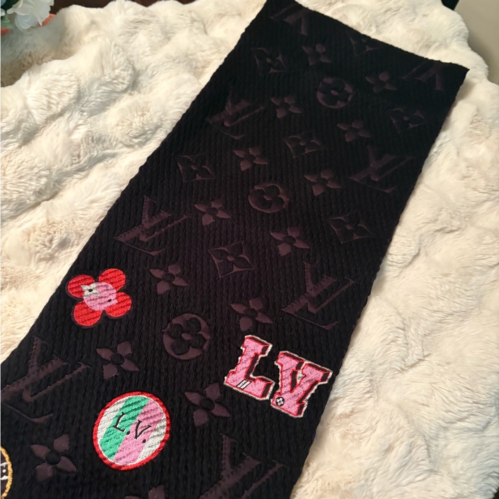 Louis Vuitton Black Scarf with Colorful Monogram Patches - Picture 3 of 6